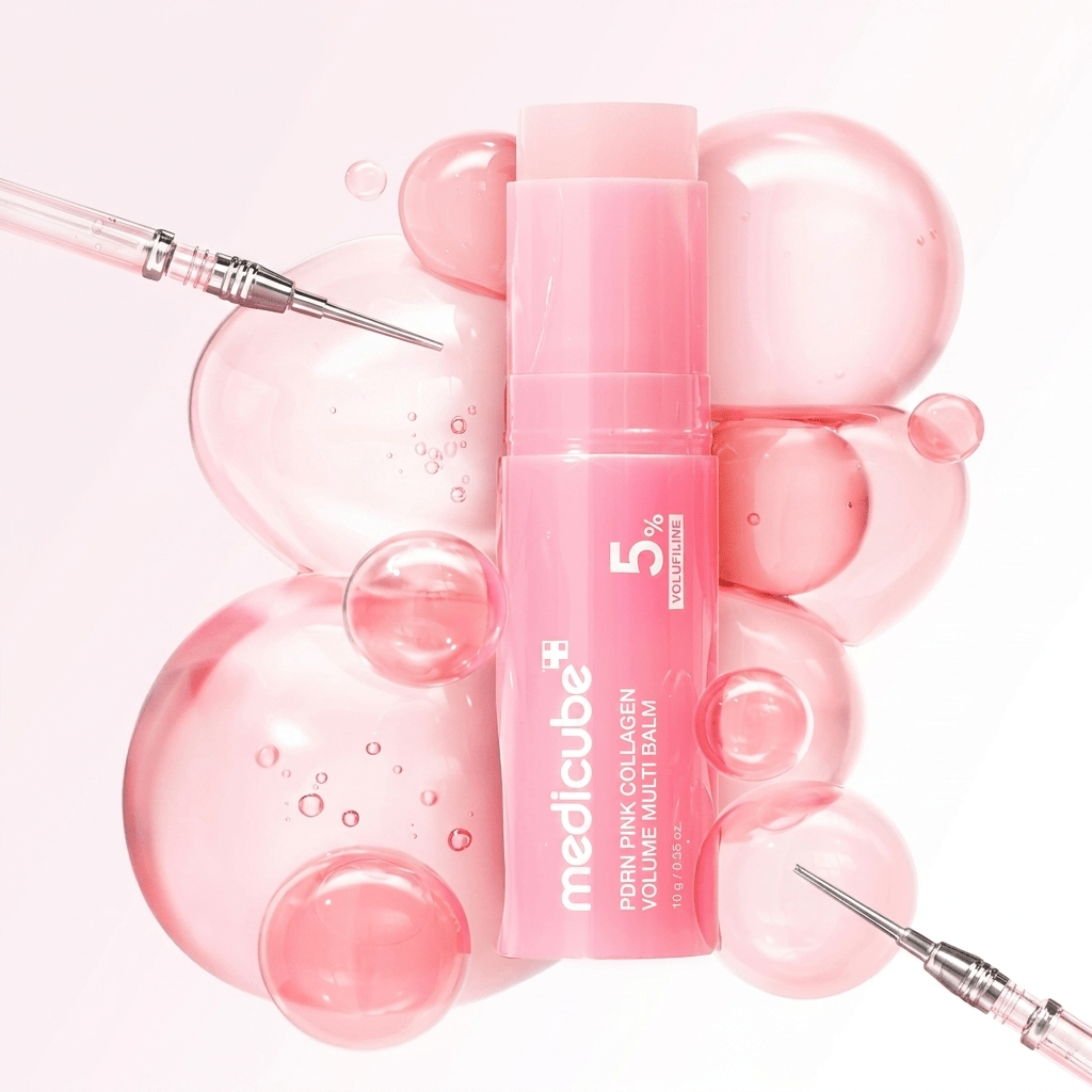 Bastão hidratante PDRN Pink Collagen Volume Multi Balm da Medicube, cercado por bolhas rosa translucidas e ilustrações de seringa, representando o efeito colageno.