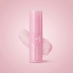 Bastão hidratante PDRN Pink Collagen Volume Multi Balm da Medicube, embalagem rosa, sobre fundo rosa com textura cremosa ao fundo.
