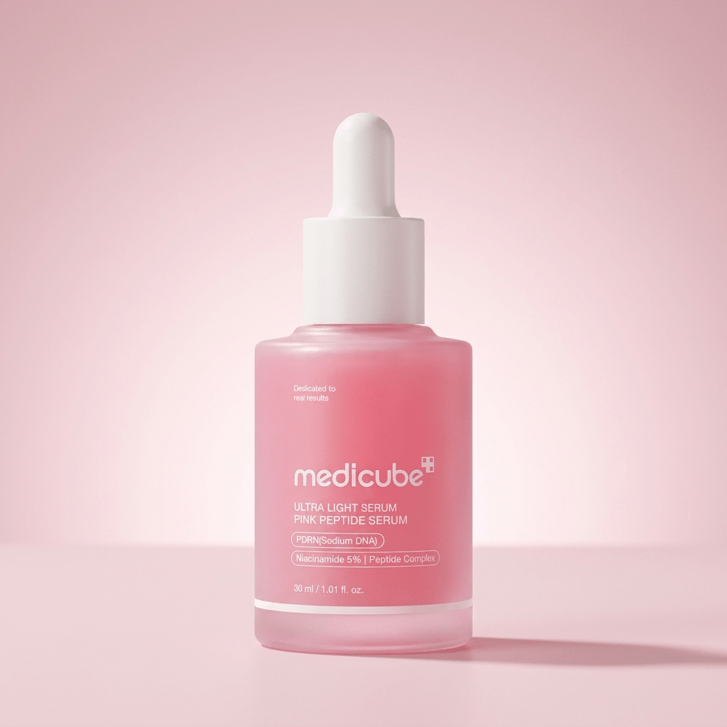 Sérum Ultra Light PDRN Pink Peptide Serum da Medicube, frasco conta-gotas rosa translucido, sobre fundo rosa.