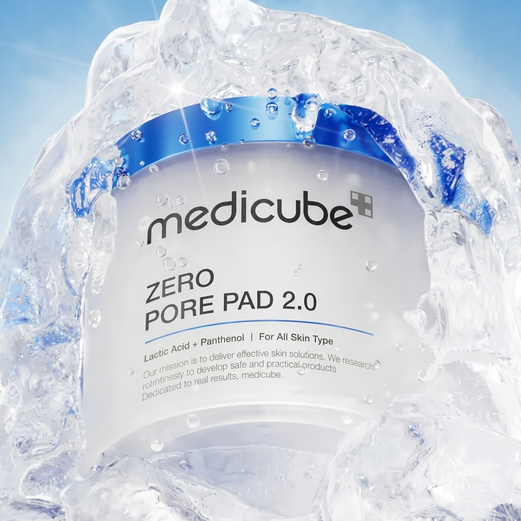 Pote de Zero Pore Pad 2.0 da Medicube envolto em bloco de gelo transparente, com fundo azul gelado.