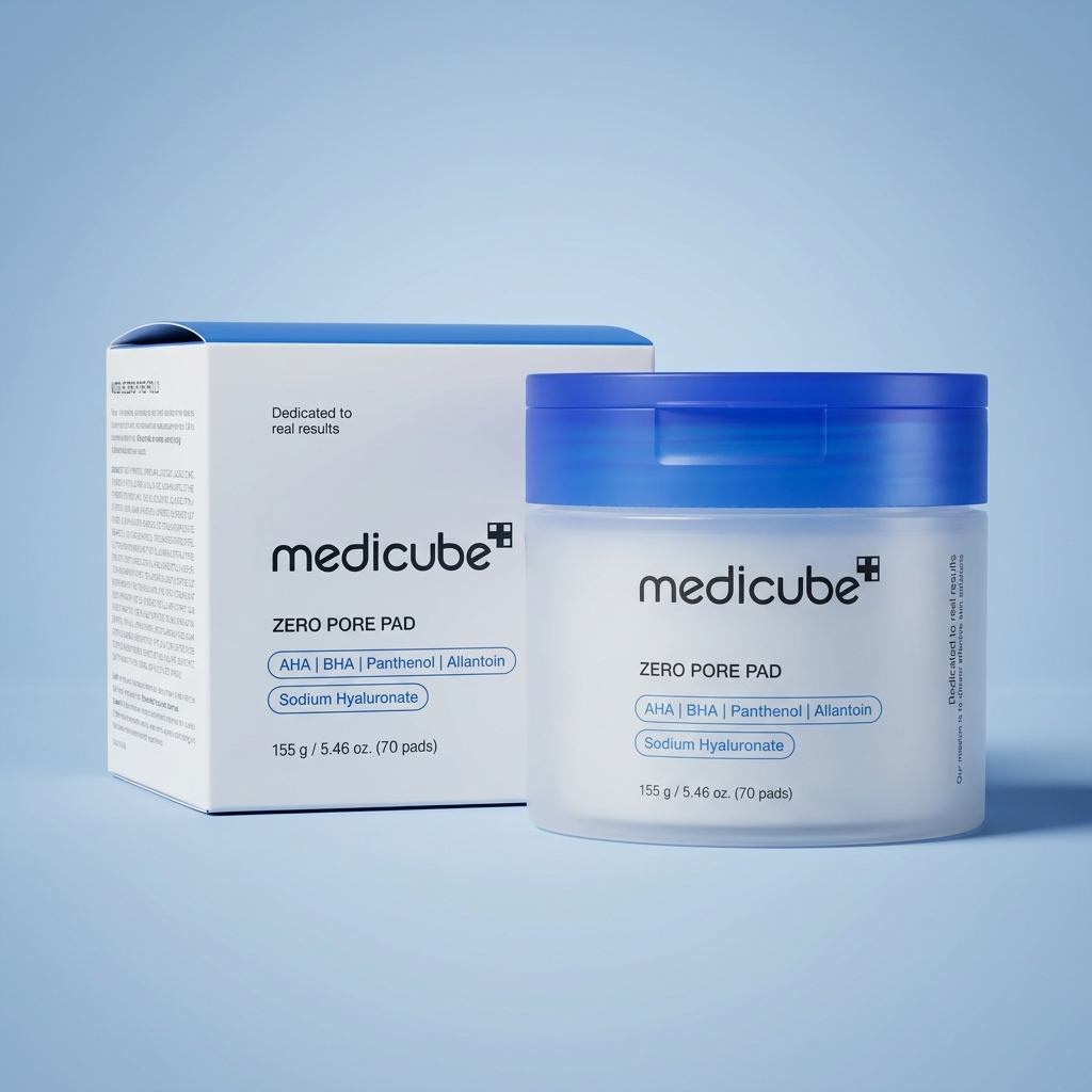 Pote e caixa do Zero Pore Pad da Medicube lado a lado, sobre fundo azul claro.