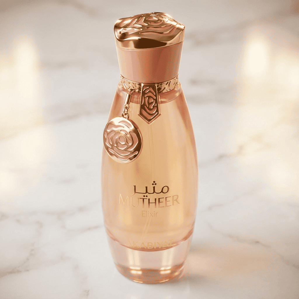 Perfume Mutheer Elixir em frasco rose gold com pingente floral, sobre superfície de mármore.