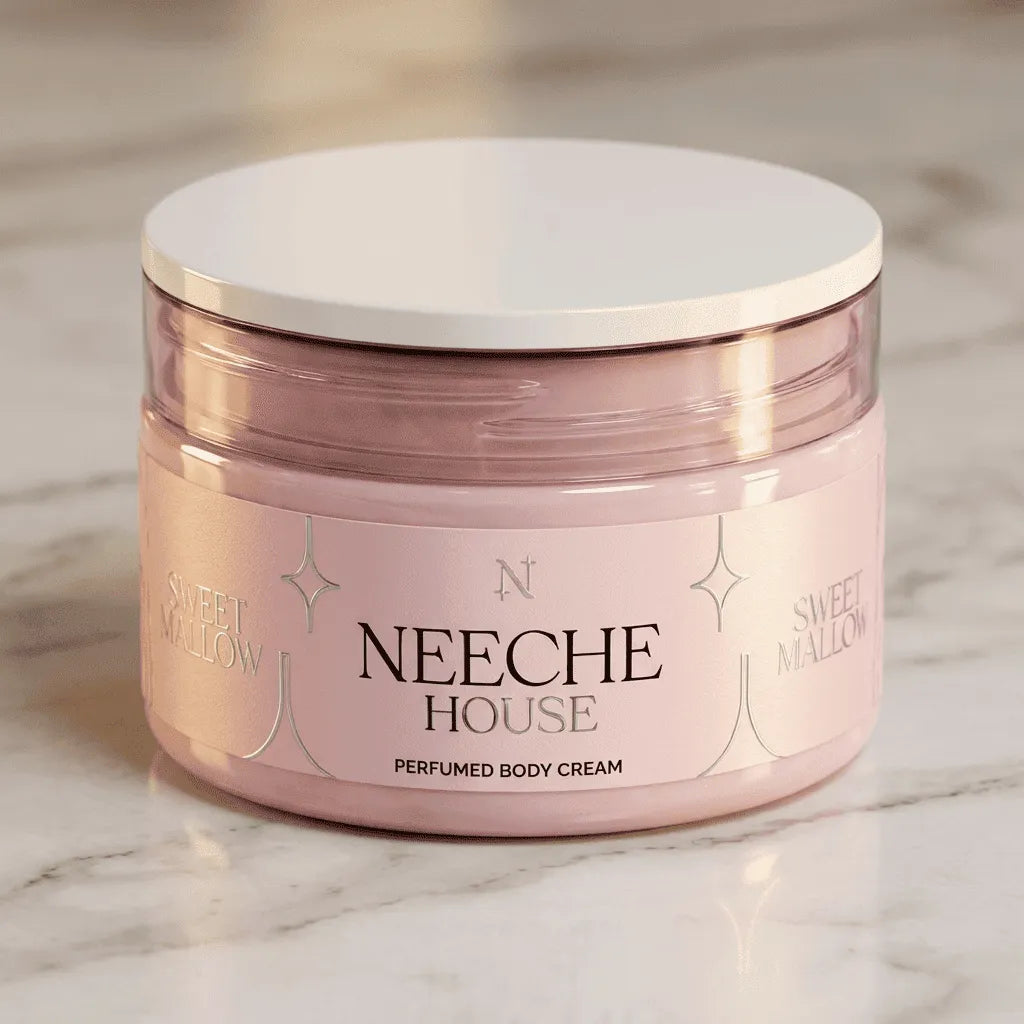 Body cream perfumado Sweet Mallow da Neeche House em pote rosa, close-up isolado sobre mármore claro