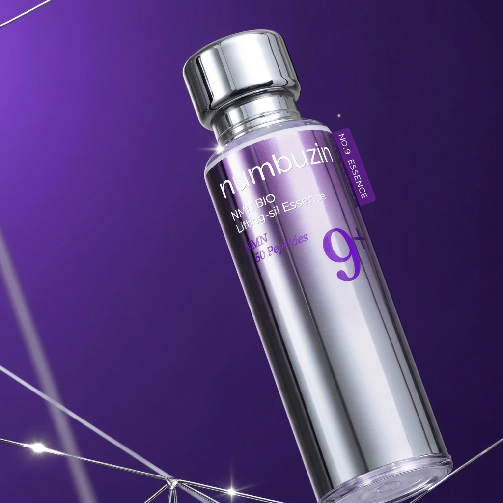 Essência NAD+ Bio Lifting-sil Essence da Numbuzin, frasco prateado, sobre fundo roxo com efeito futurista de linhas de luz.