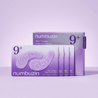 Caixa e sachês do NAD+ Collagen Under Eye Patches da Numbuzin, empilhados sobre fundo lilás.