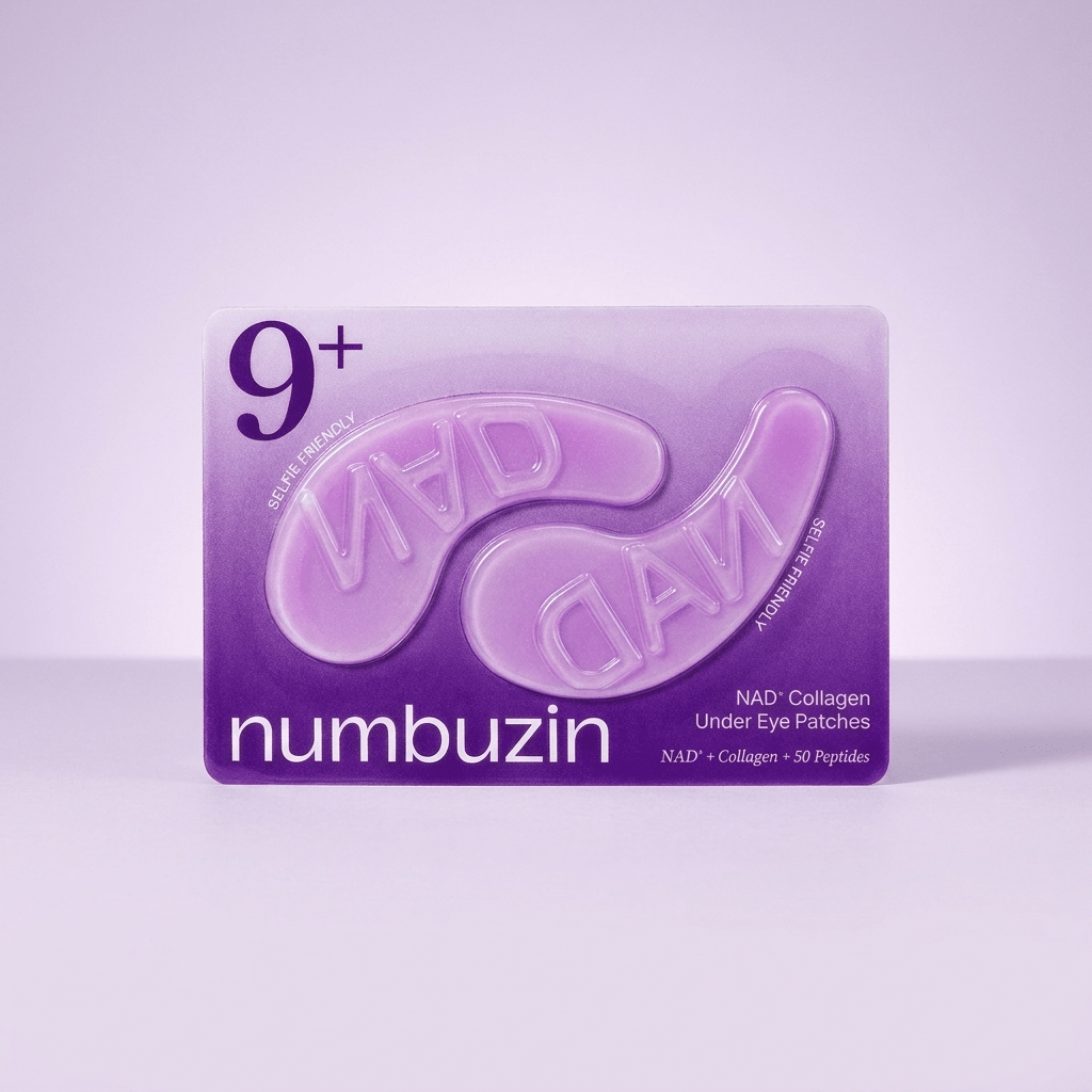 Máscaras para área dos olhos NAD+ Collagen Under Eye Patches da Numbuzin, em hidrogel roxo translucido, sobre fundo lilás.