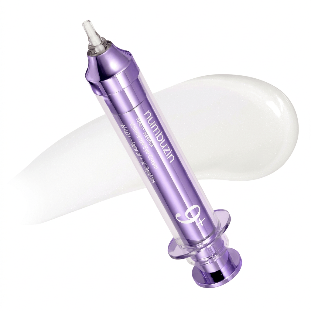 Creme para olhos NAD+ Retinol Volumetox Eye Cream da Numbuzin, em aplicador roxo formato seringa, sobre textura cremosa e fundo preto.