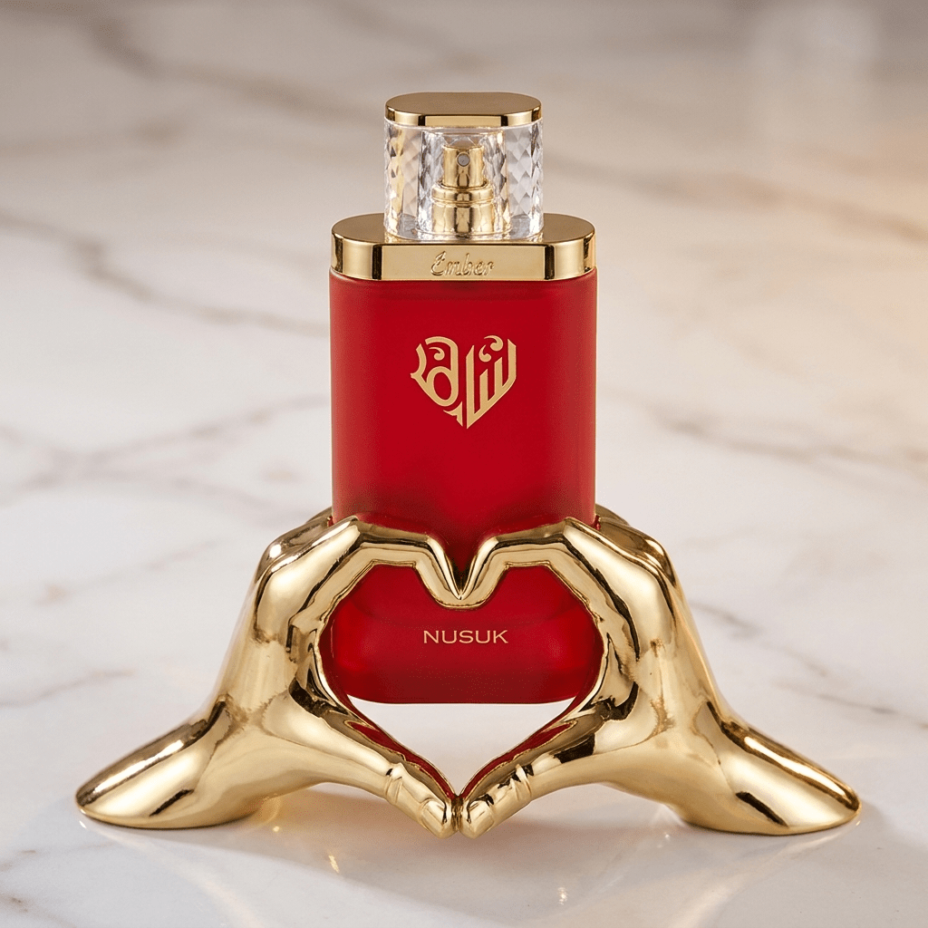 Perfume Nusuk em frasco vermelho, apoiado sobre suporte dourado em formato de mãos fazendo coração.