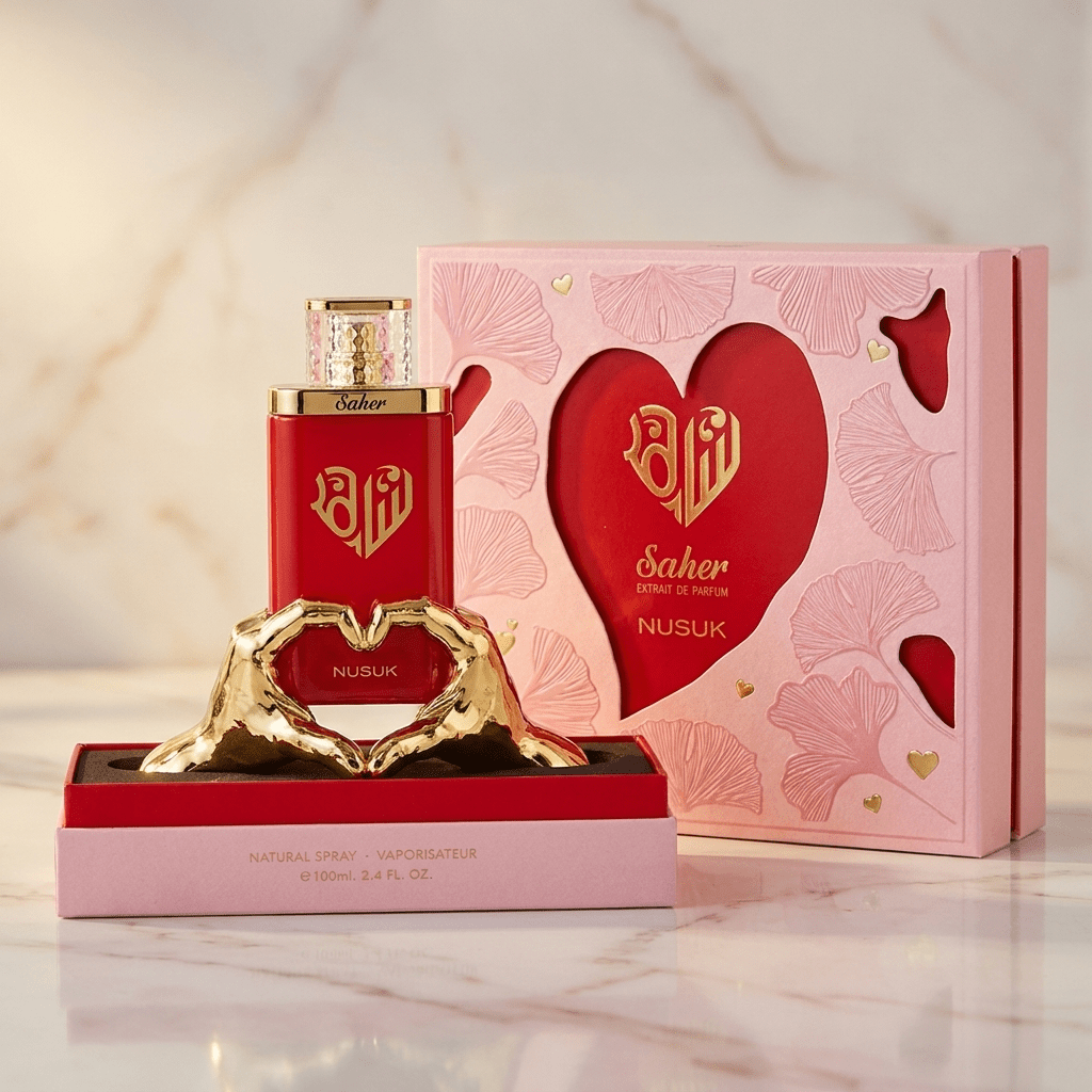 Perfume Saher da Nusuk, frasco vermelho ao lado da caixa rosa com coração, sobre suporte dourado.