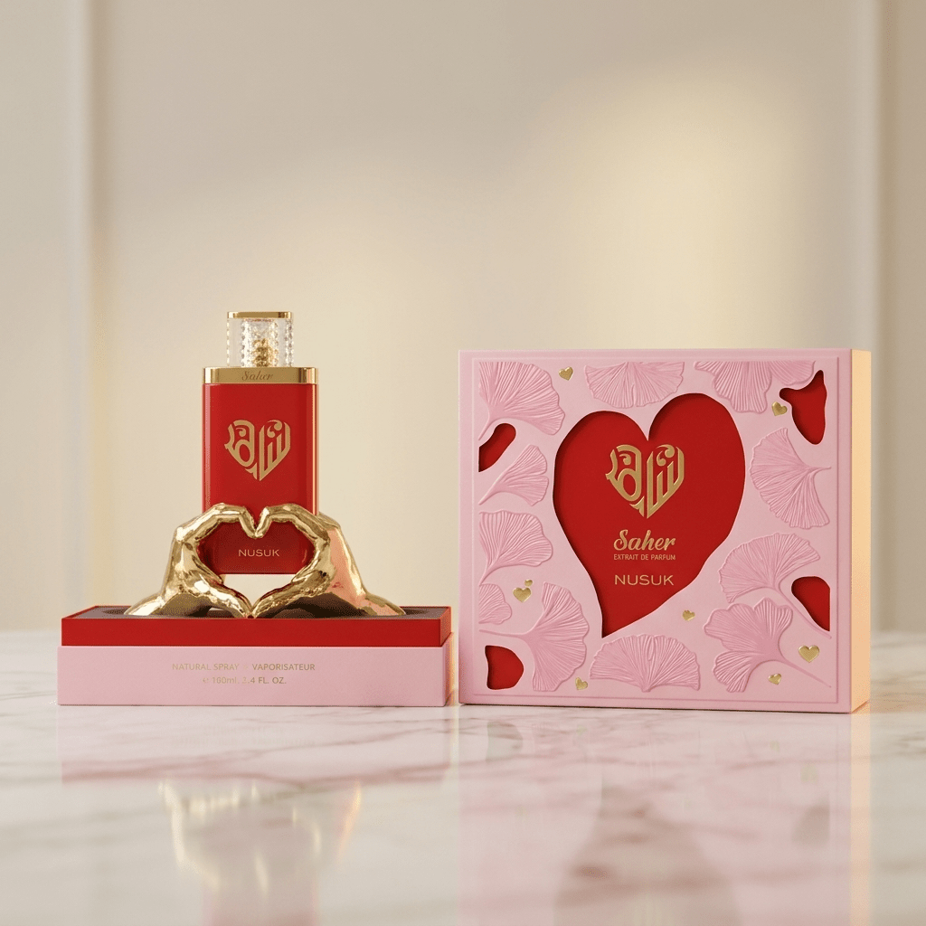 Perfume Saher da Nusuk, vista completa do frasco vermelho ao lado da caixa rosa, com luz ambiente suave.