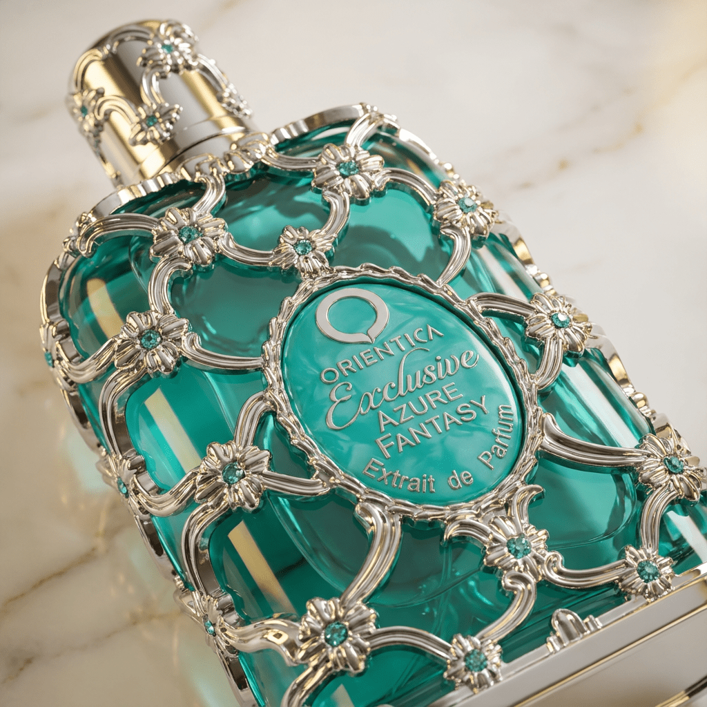 Detalhe do frasco verde-água com filigrana prateada do perfume Exclusive Azure Fantasy da Orientica, em ângulo diagonal.
