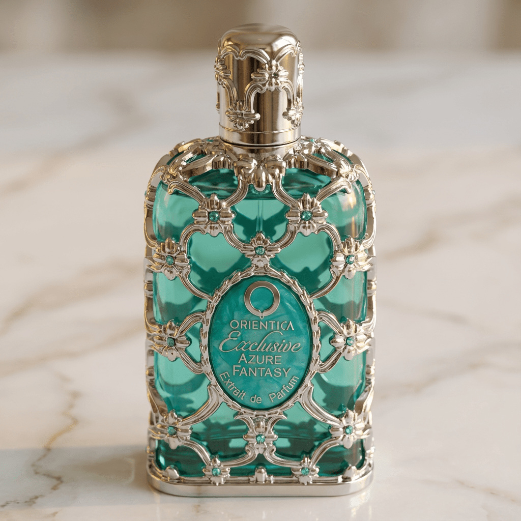 Perfume Exclusive Azure Fantasy da Orientica em frasco verde-água com filigrana prateada, sobre mármore.