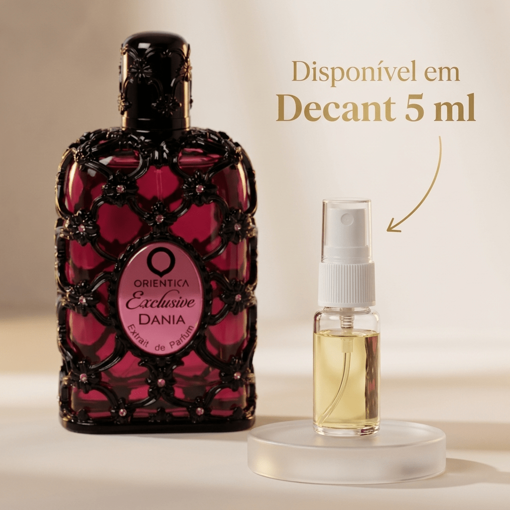 Decant de 5 ml do perfume Orientica Exclusive Dania ao lado do frasco original vermelho com detalhes rendados pretos.