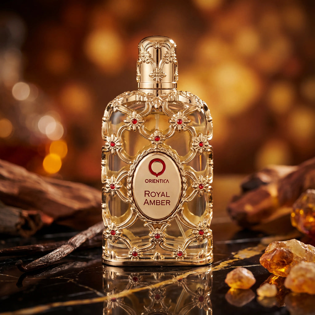 Perfume Orientica Exclusive Royal Amber em frasco dourado sobre superfície escura, cercado por especiarias e resinas com fundo desfocado dourado.