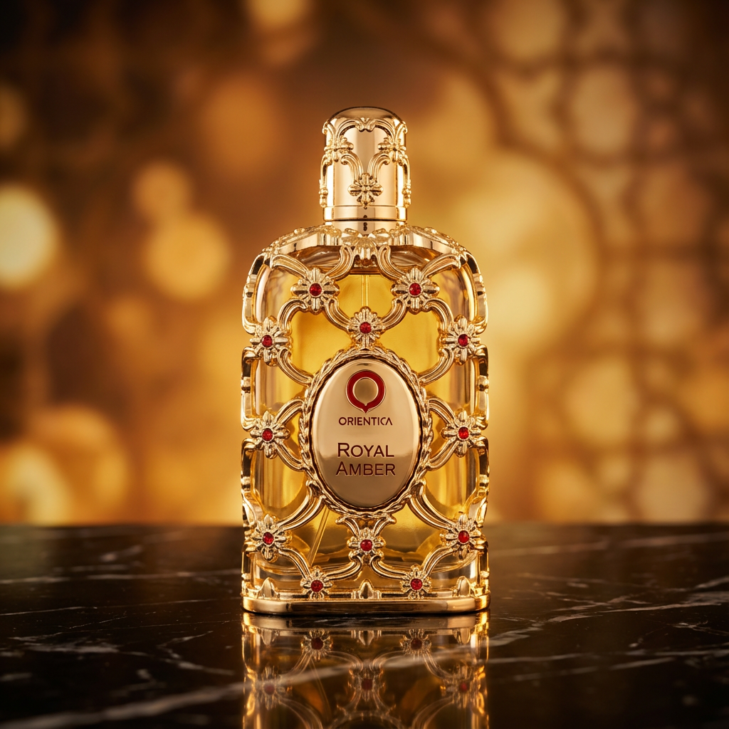 Perfume Exclusive Royal Amber da Orientica em frasco dourado ornamentado, com fundo desfocado em tons dourados.