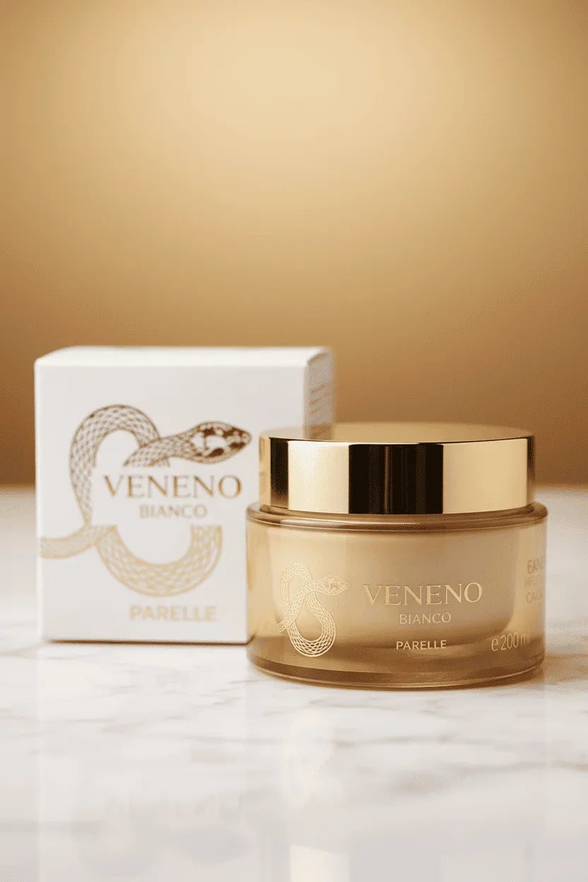 Creme Veneno Bianco da Parelle em pote dourado, ao lado da caixa branca original com logo de serpente, sobre mármore