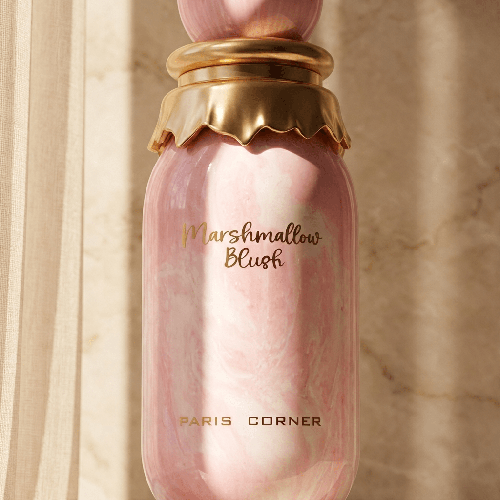 Detalhe do frasco rosa marmorizado do perfume Marshmallow Blush, com tampa dourada.