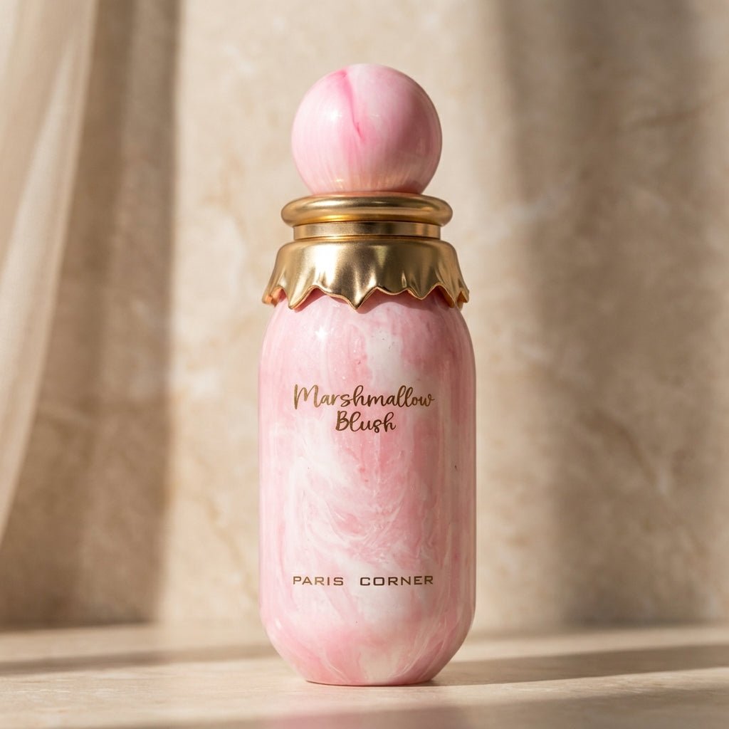 Perfume Marshmallow Blush da Paris Corner em frasco rosa marmorizado, isolado sobre superfície de mármore.