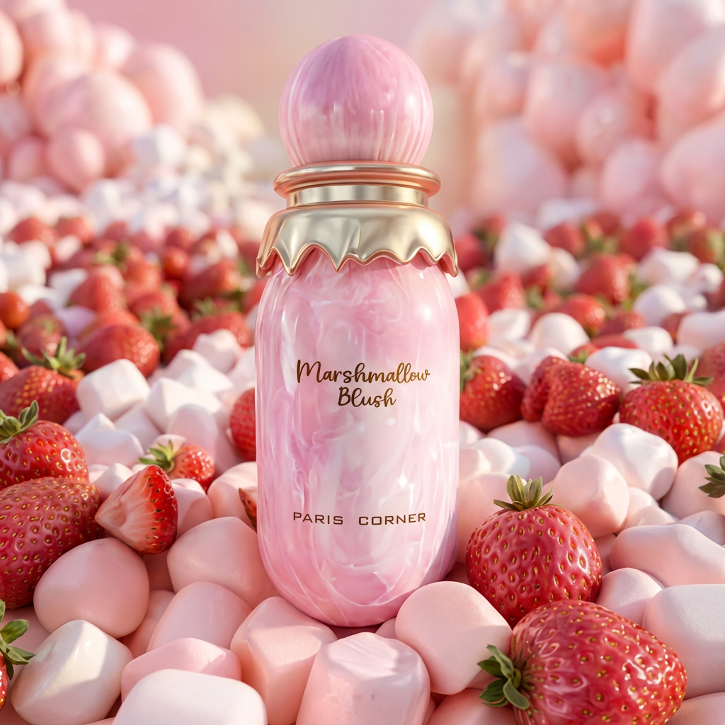 Perfume Marshmallow Blush da Paris Corner em frasco rosa marmorizado, cercado por marshmallows e morangos.