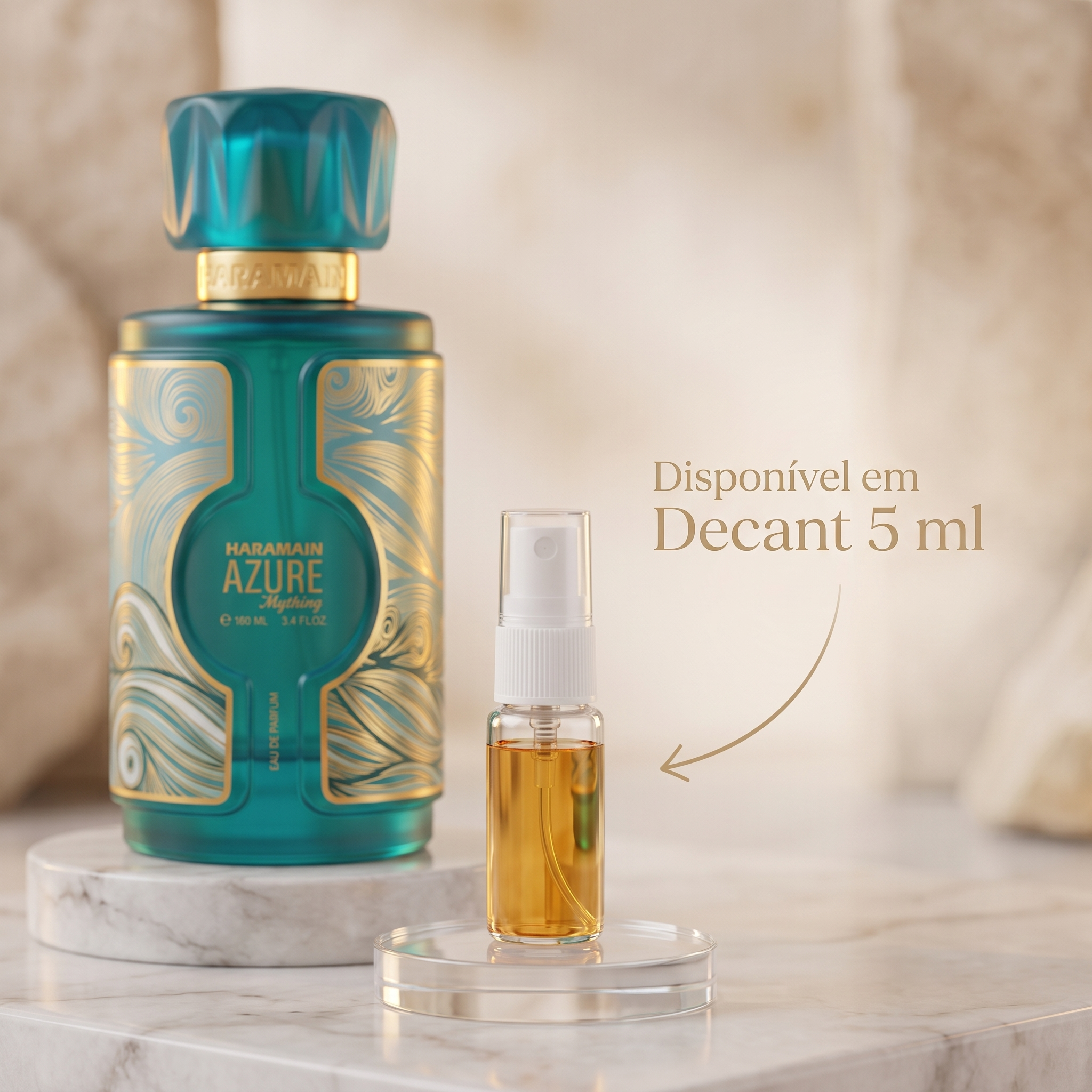 Imagem promocional do perfume Al Haramain Azure Mystery destacando a opção de compra em decant de 5 ml.