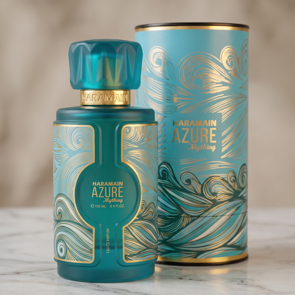 Frasco verde-azulado do perfume Al Haramain Azure Mything 100 ml com detalhes dourados, ao lado da caixa cilíndrica estampada.