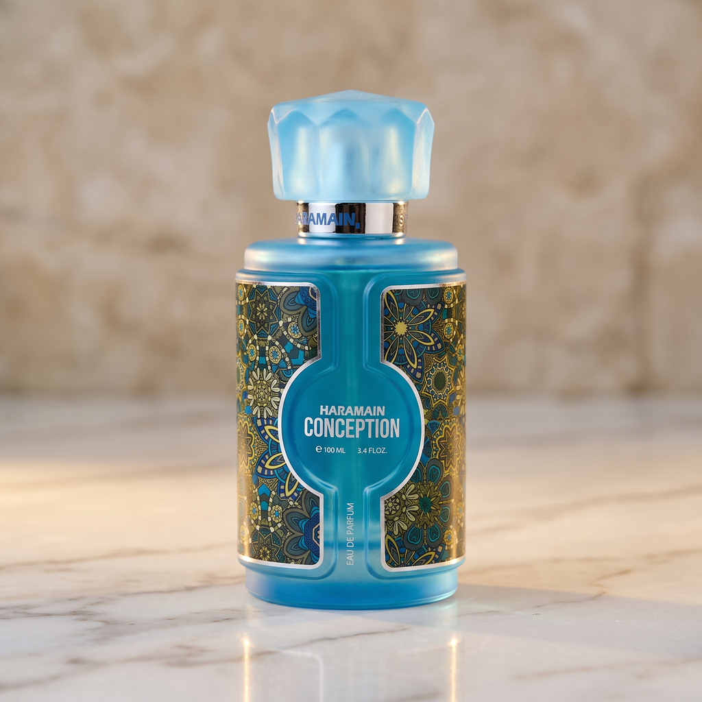 Frasco do perfume Al Haramain Conception 100 ml sozinho, sem a caixa, sobre superfície de mármore.