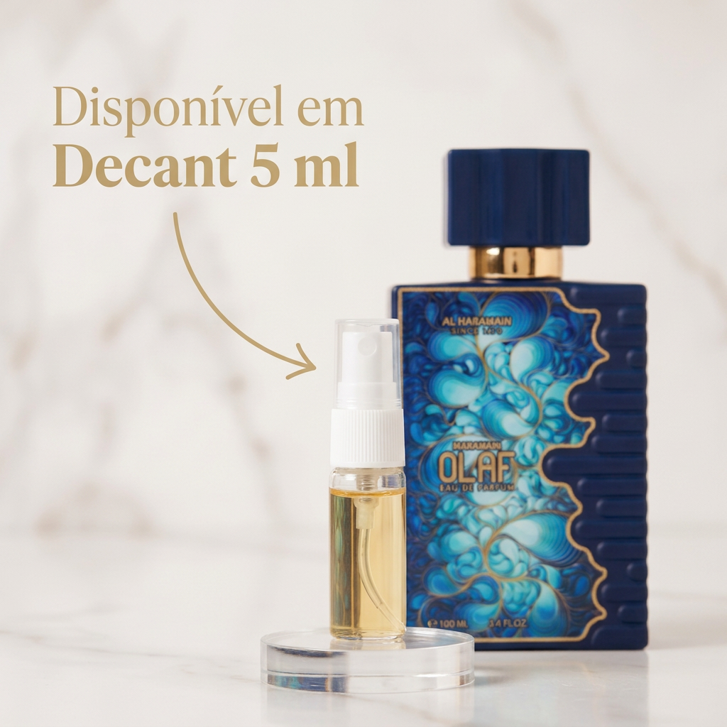 Frasco azul texturizado do perfume Olaf da Al Haramain ao lado de um decant de 5ml