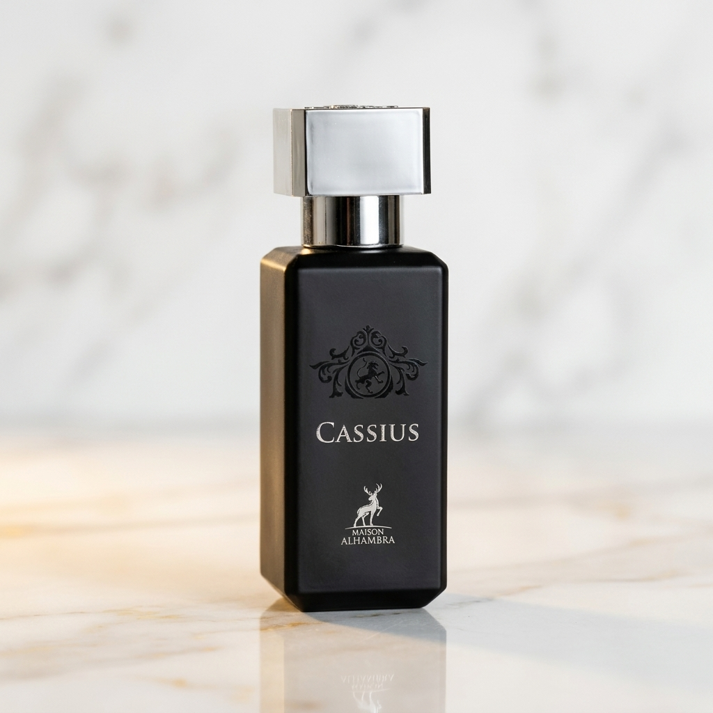Frasco de perfume Cassius da Maison Alhambra em destaque, preto com tampa prateada, sem a caixa.