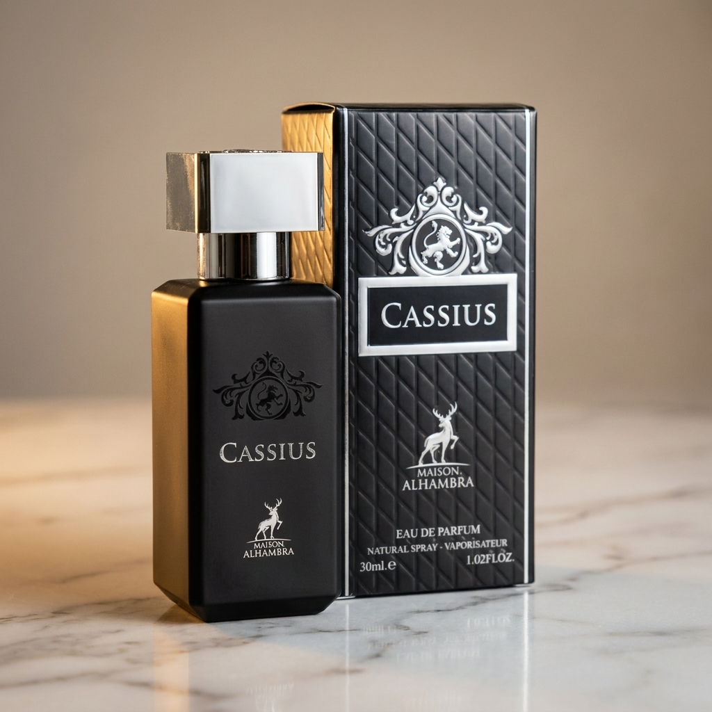 Frasco de perfume Cassius da Maison Alhambra, preto e dourado, ao lado da caixa do produto sobre marmore.