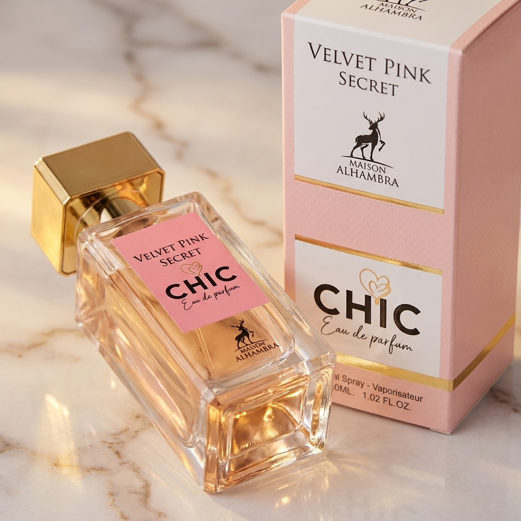 Frasco de perfume Chic Velvet Pink Secret da Maison Alhambra deitado sobre marmore, com a caixa rosa ao fundo, detalhe do rotulo.