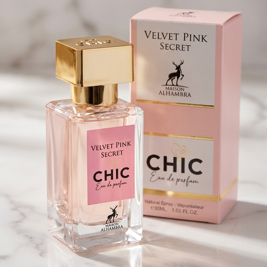 Frasco de perfume Chic Velvet Pink Secret da Maison Alhambra, rosa com tampa dourada, ao lado da caixa do produto sobre marmore.