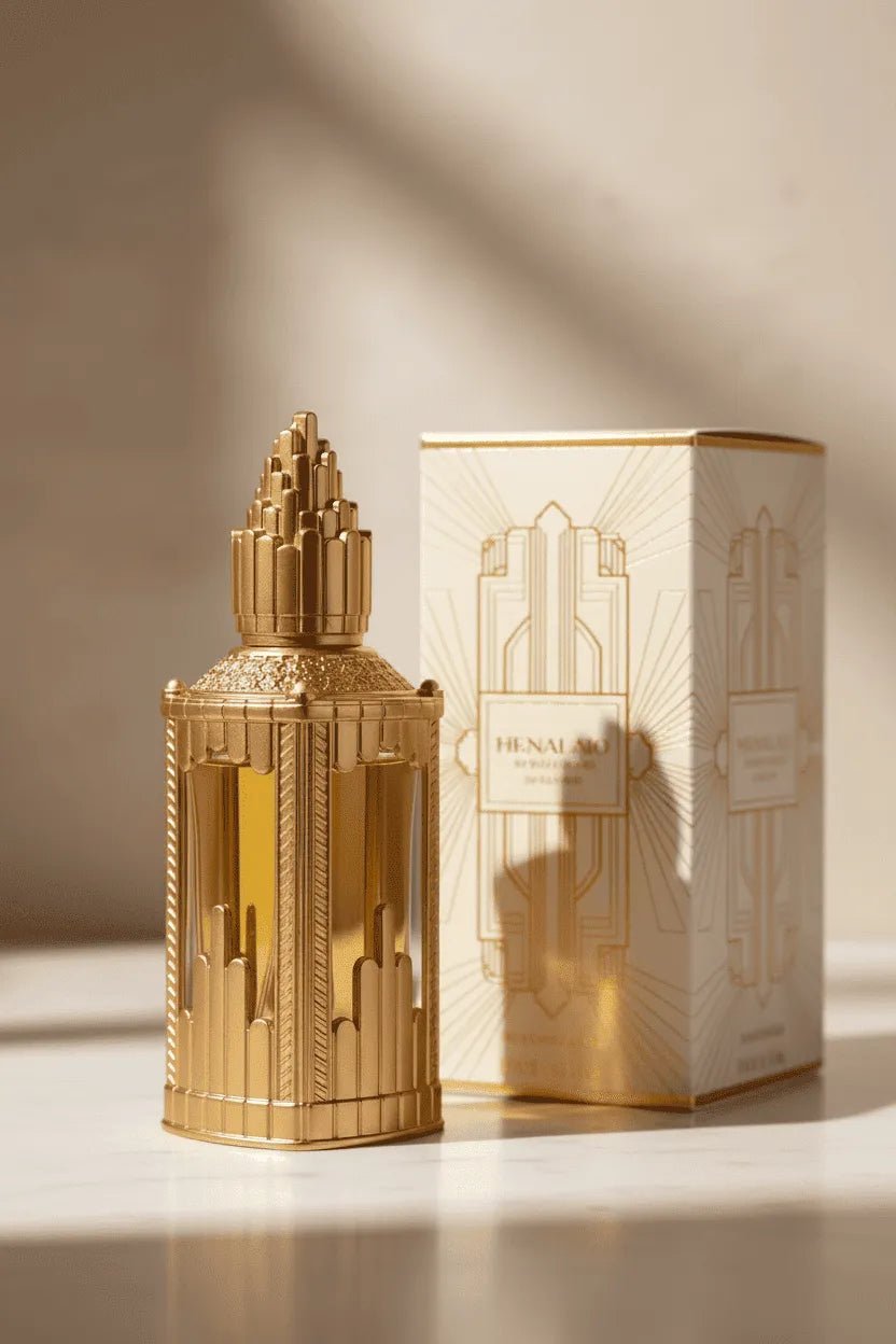 Perfume em frasco dourado com design art déco, ao lado da caixa creme e dourada original, com luz solar e sombras
