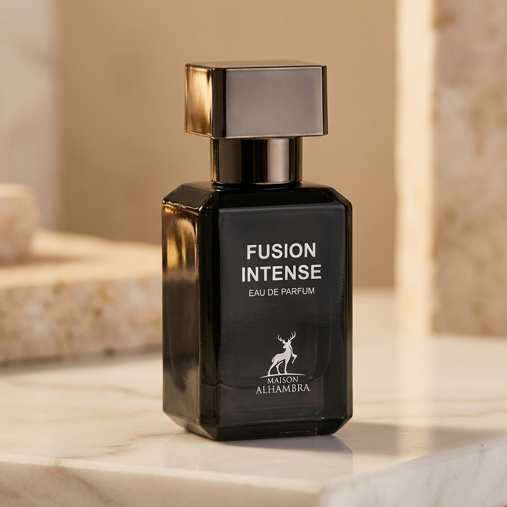 Frasco de perfume Fusion Intense da Maison Alhambra em destaque, preto com tampa metalica, sem a caixa.