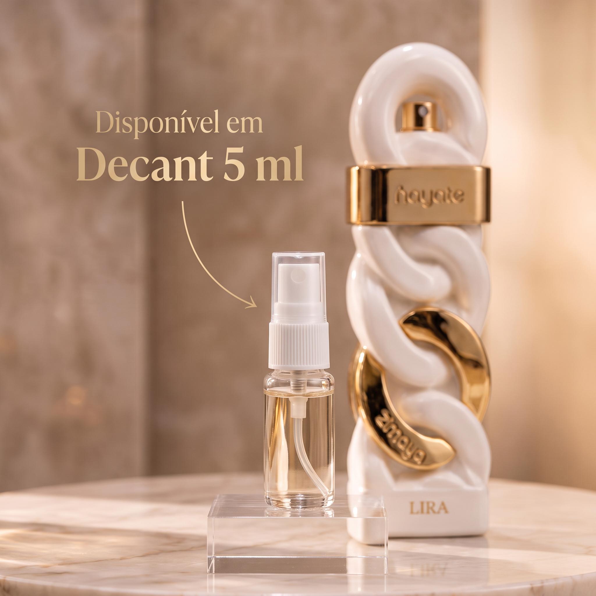 Imagem promocional do perfume Hayate Lira em formato de corrente dourada, destacando a opção de compra em decant de 5 ml.