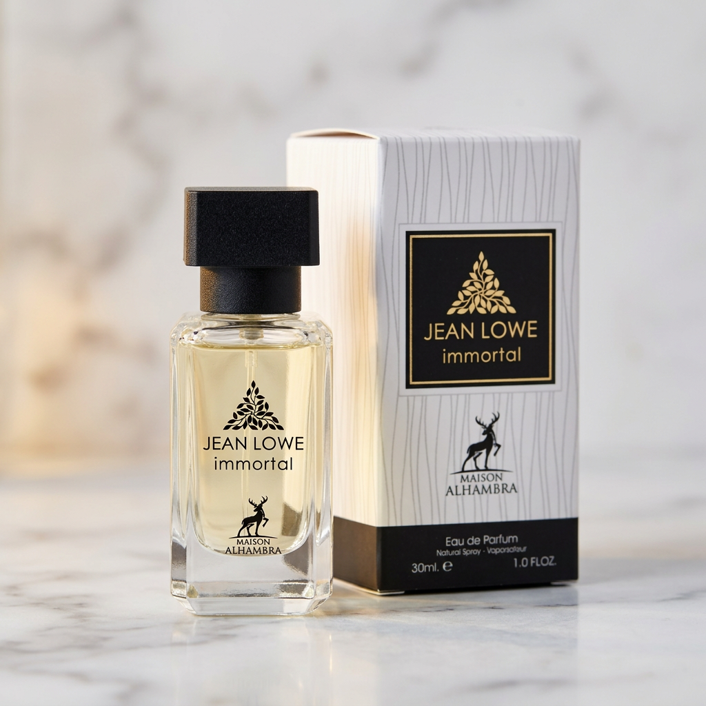 Frasco de perfume Jean Lowe Immortal da Maison Alhambra ao lado da caixa branca do produto, sobre marmore.