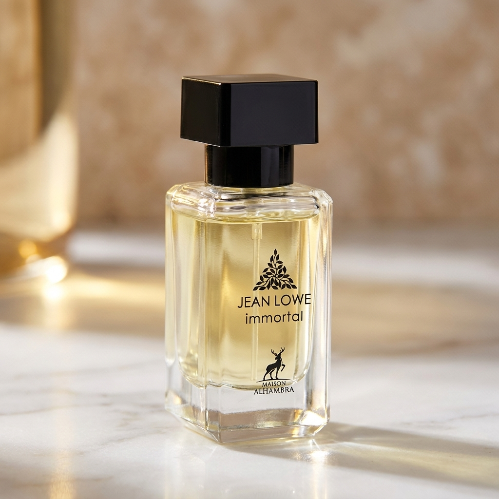 Frasco de perfume Jean Lowe Immortal da Maison Alhambra, transparente com liquido dourado e tampa preta, sobre marmore.