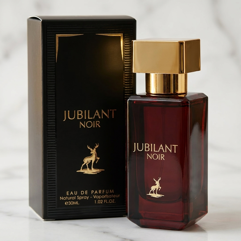 Frasco de perfume Jubilant Noir da Maison Alhambra, vermelho escuro com tampa dourada, ao lado da caixa preta do produto.