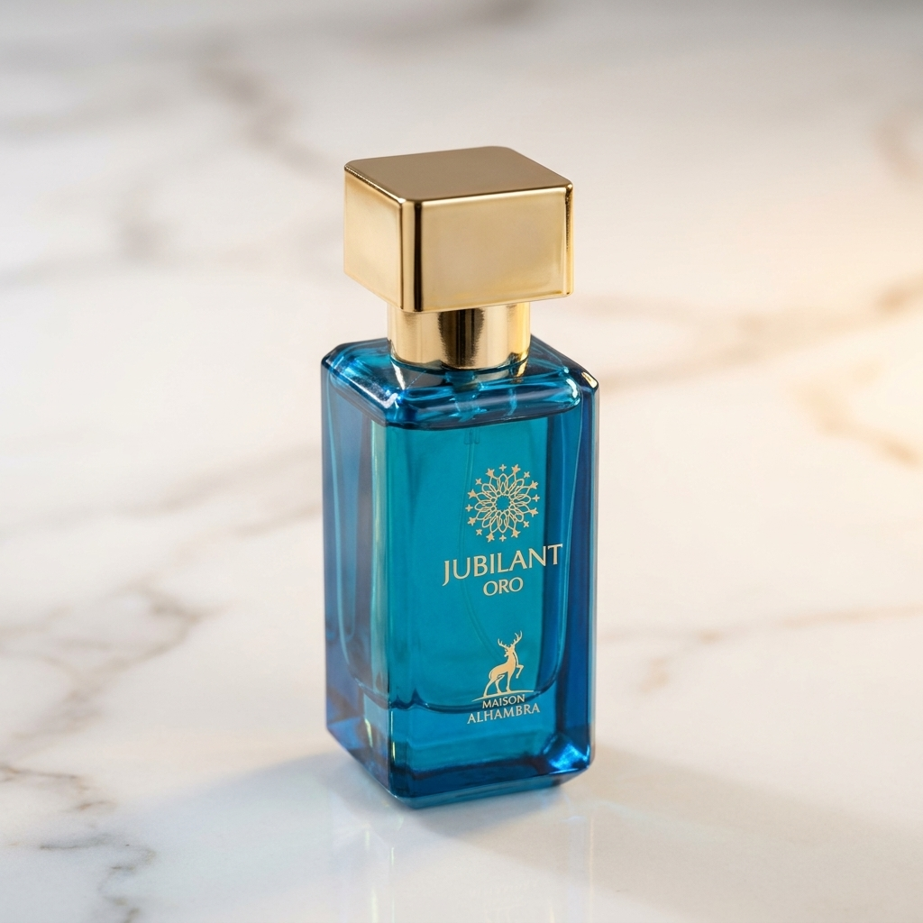 Frasco de perfume Jubilant Oro da Maison Alhambra em destaque, azul com tampa dourada, sem a caixa.