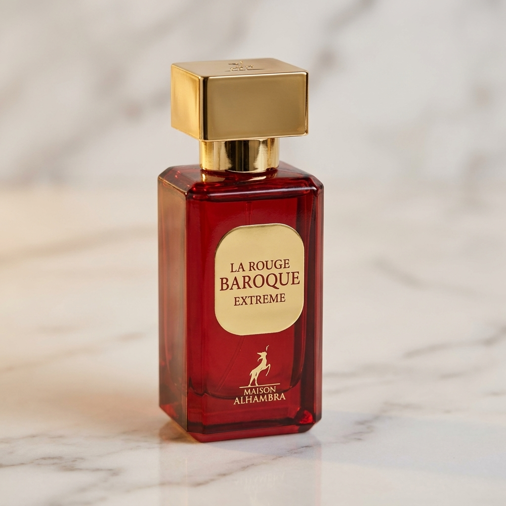 Frasco de perfume La Rouge Baroque Extreme da Maison Alhambra, vermelho com tampa dourada, sem a caixa, sobre marmore.