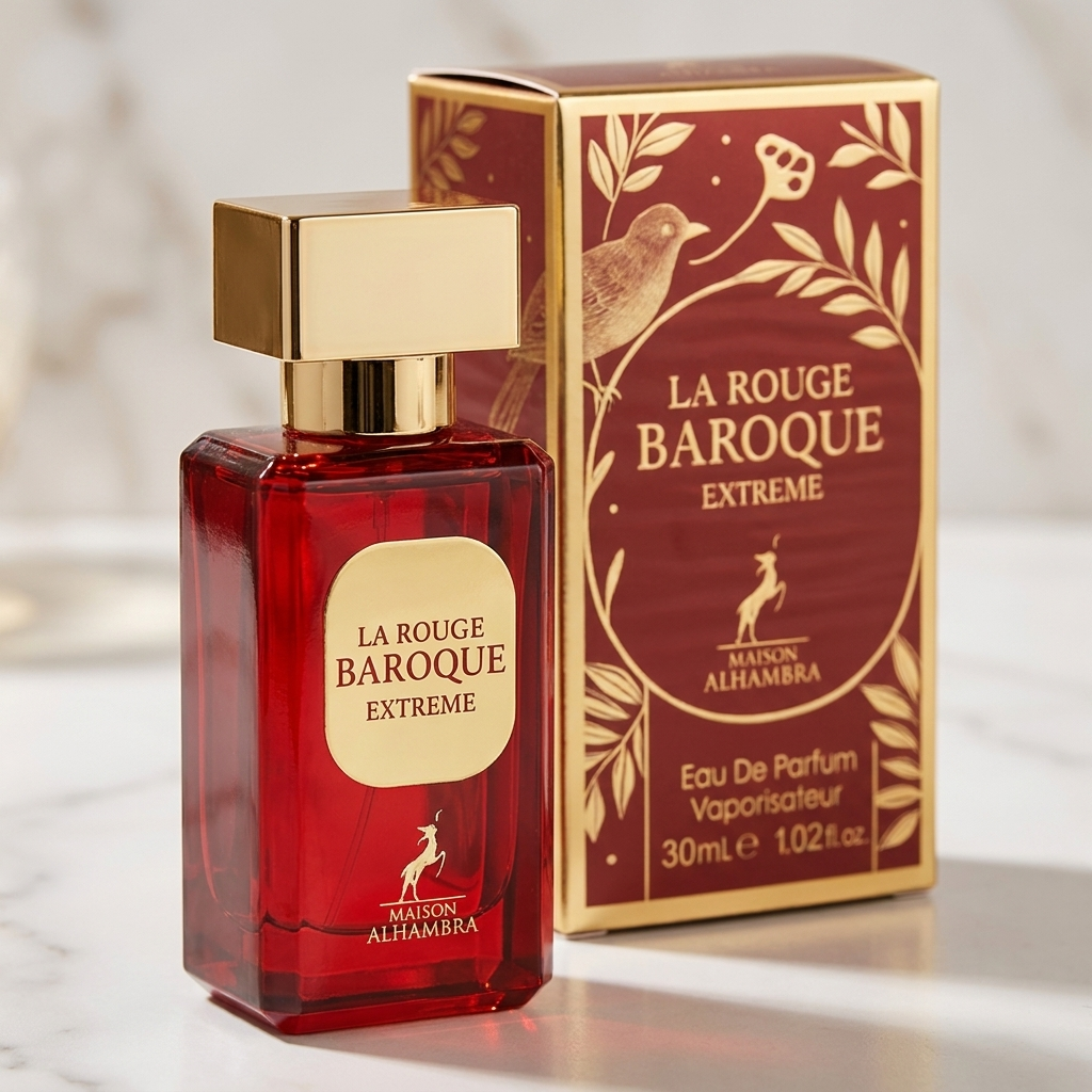 Frasco de perfume La Rouge Baroque Extreme da Maison Alhambra, vermelho com tampa dourada, ao lado da caixa do produto.