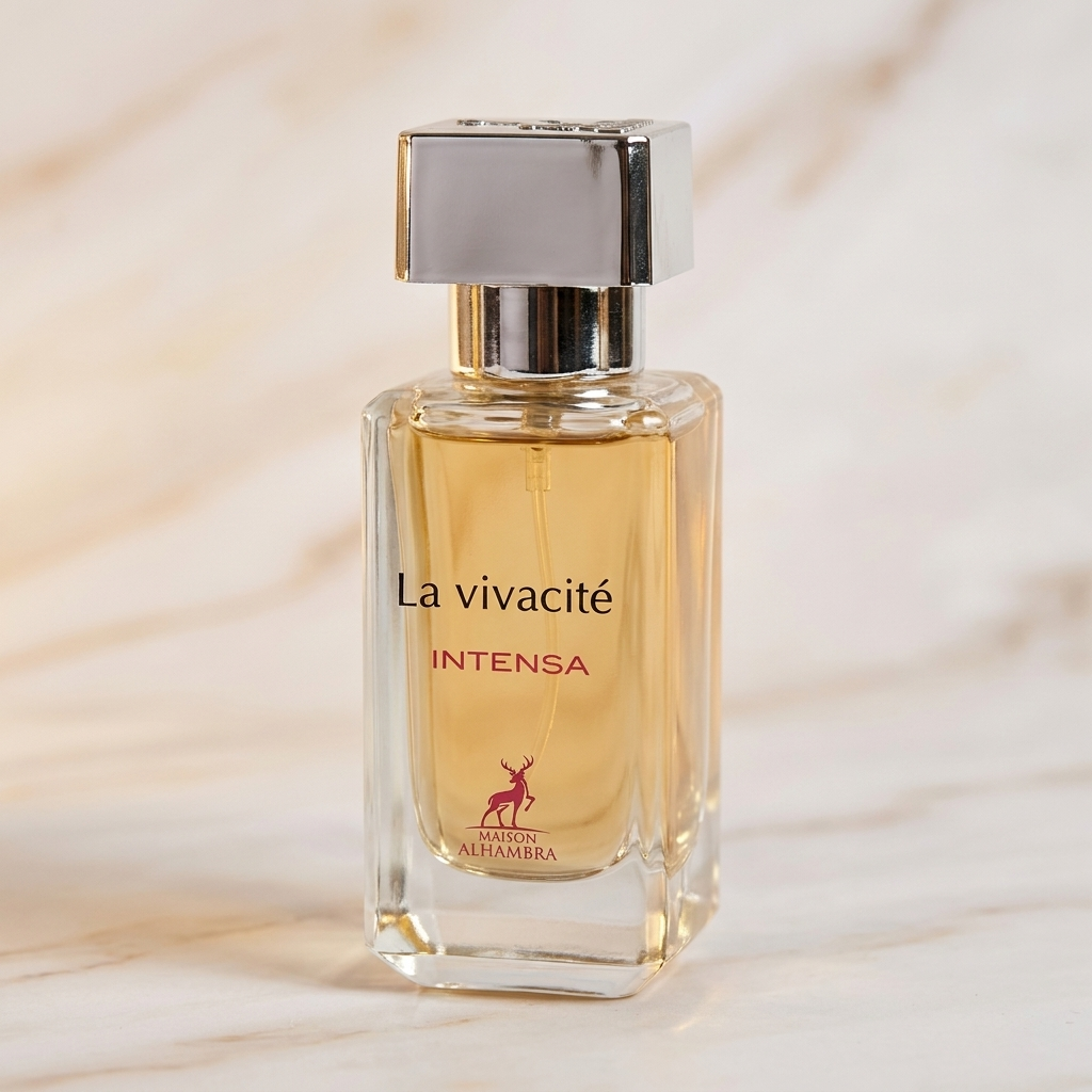 Frasco de perfume La Vivacite Intensa da Maison Alhambra, transparente com liquido ambar e tampa prateada, sobre marmore.