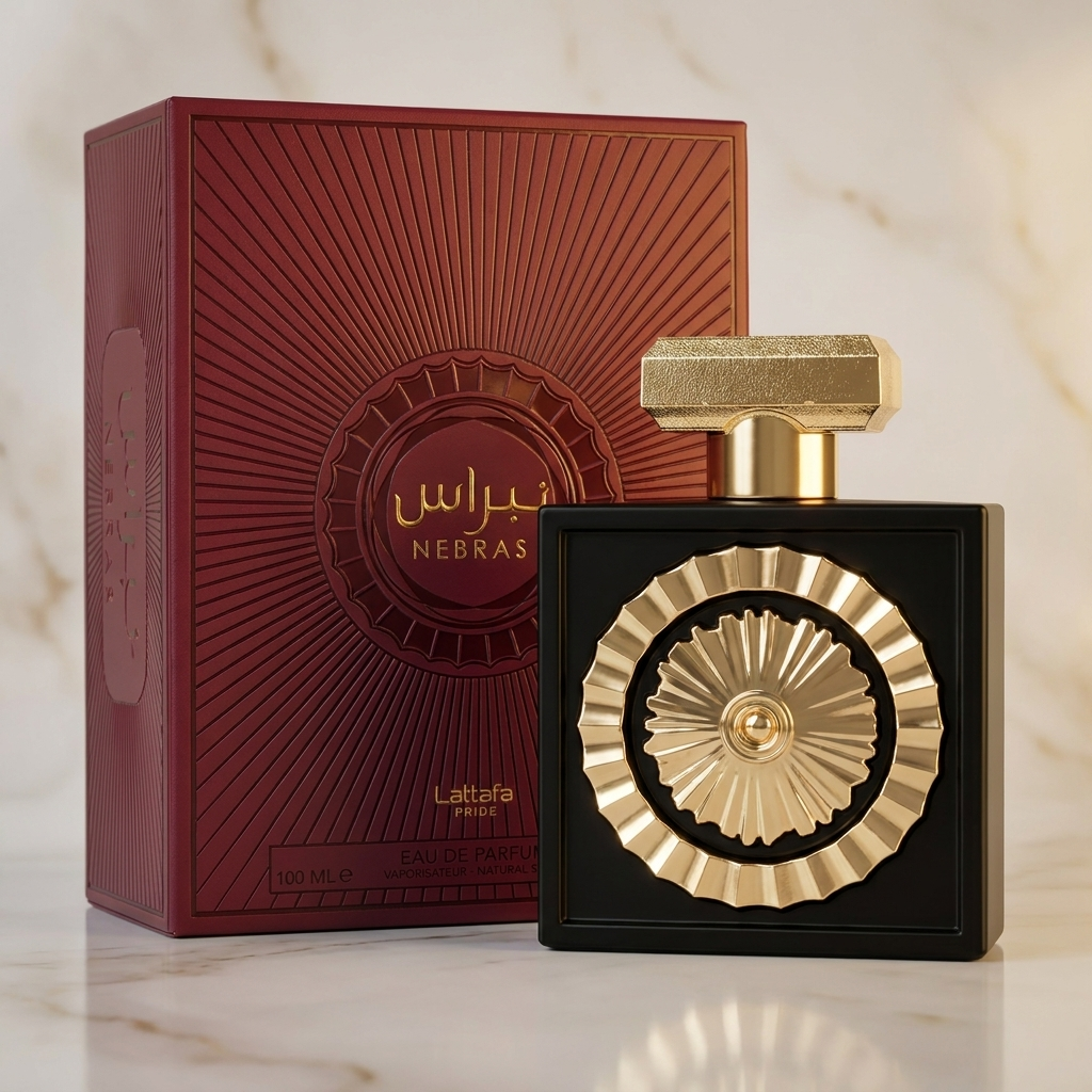 Perfume Nebras da Lattafa Pride eau de parfum 100ml, frasco preto com tampa dourada ao lado da caixa vermelha