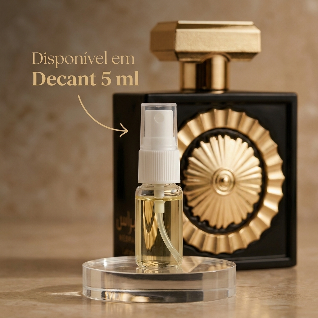 Frasco do perfume Nebras da Lattafa ao lado de um decant de 5ml, com texto indicando disponibilidade em decant