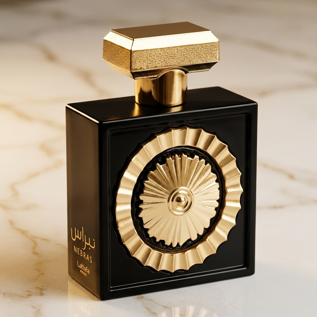 Frasco do perfume Nebras da Lattafa, preto com tampa e medalhão dourados, sobre superfície de mármore