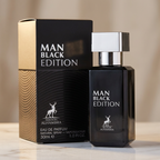 Frasco de perfume Man Black Edition da Maison Alhambra, preto com tampa prateada, ao lado da caixa preta e dourada.