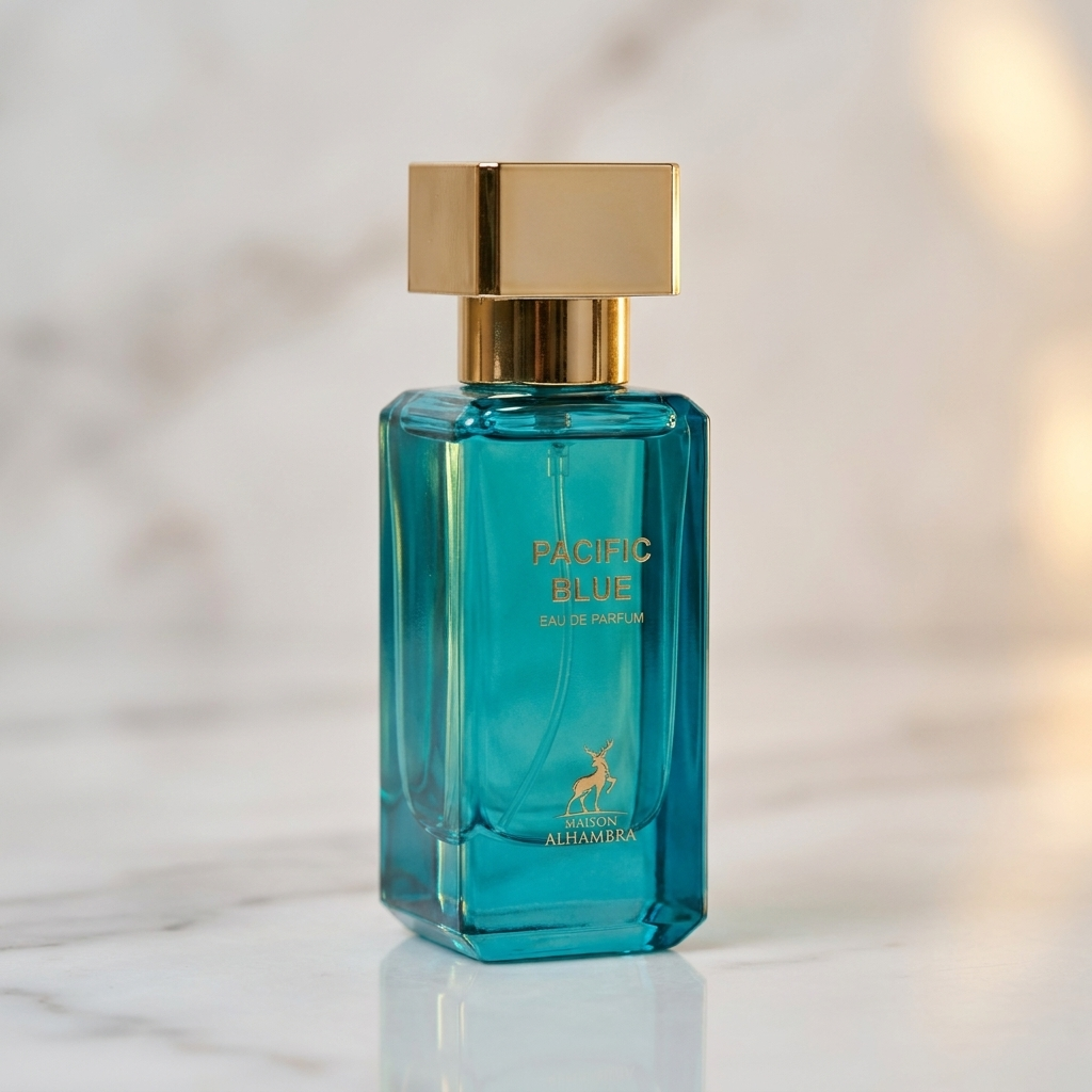 Frasco de perfume Pacific Blue da Maison Alhambra em destaque, azul turquesa com tampa dourada, sem a caixa.