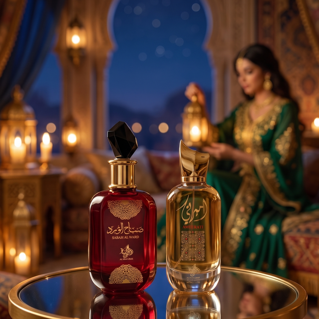 Frascos dos perfumes Sabah Al Ward e Ameerati sobre mesa, com mulher em trajes árabes segurando lanterna ao fundo