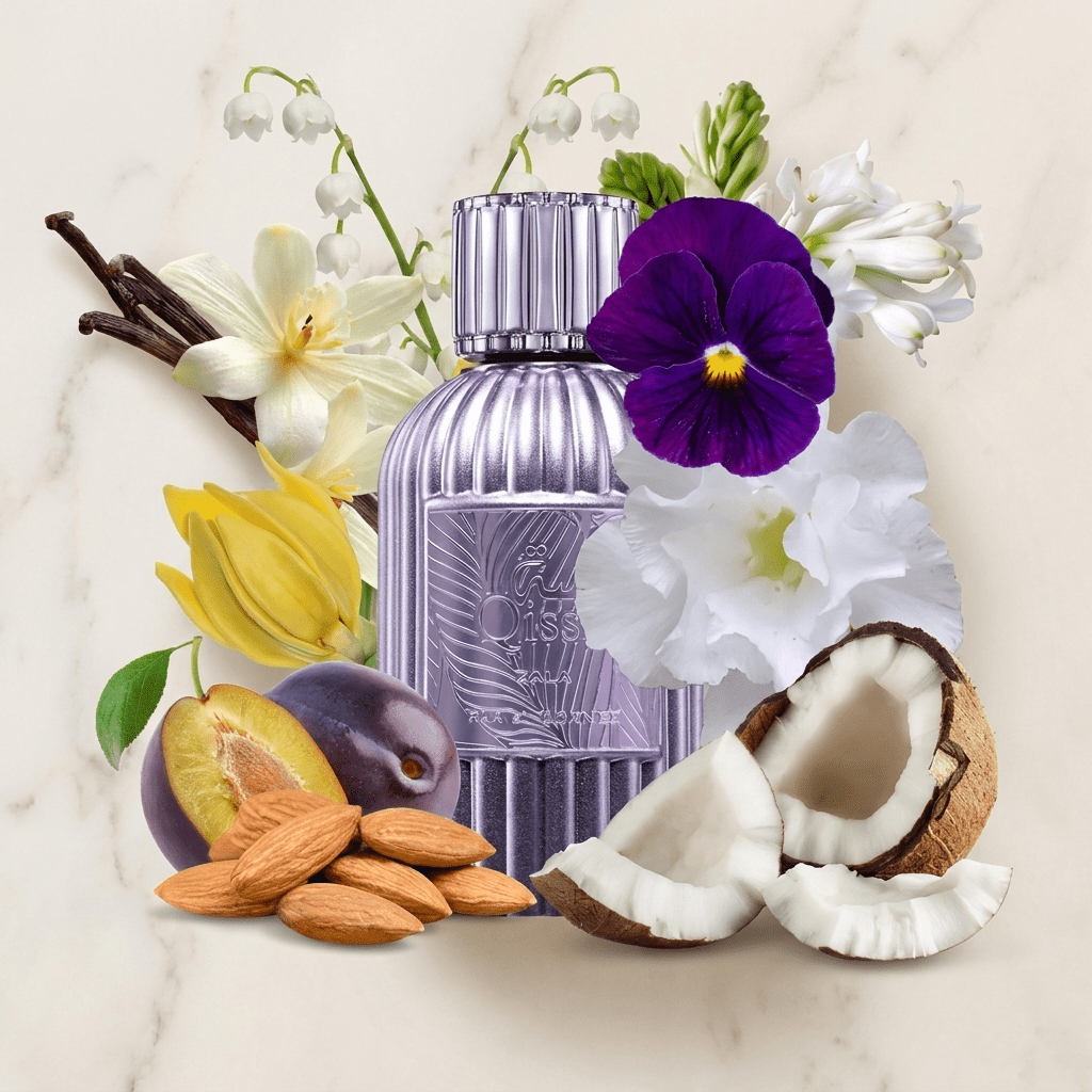 Perfume Qissa Gala em frasco lilás canelado, cercado por flores, ameixas, amêndoas e coco.