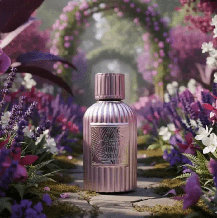 Perfume Qissa Gala em frasco rosa canelado, sobre caminho de pedras em jardim florido com arco de flores ao fundo.
