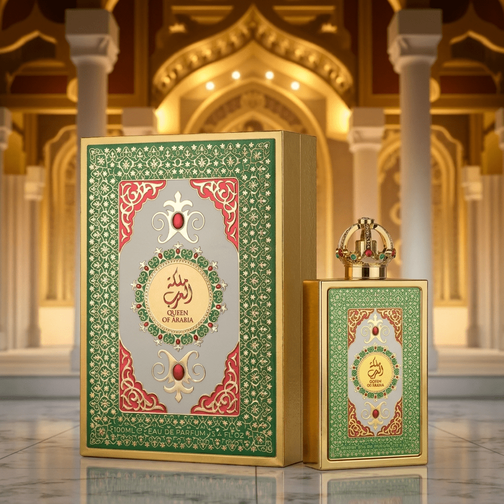 Perfume Queen of Arabia com caixa e frasco em estampa verde e vermelha, cenário de palácio árabe iluminado.